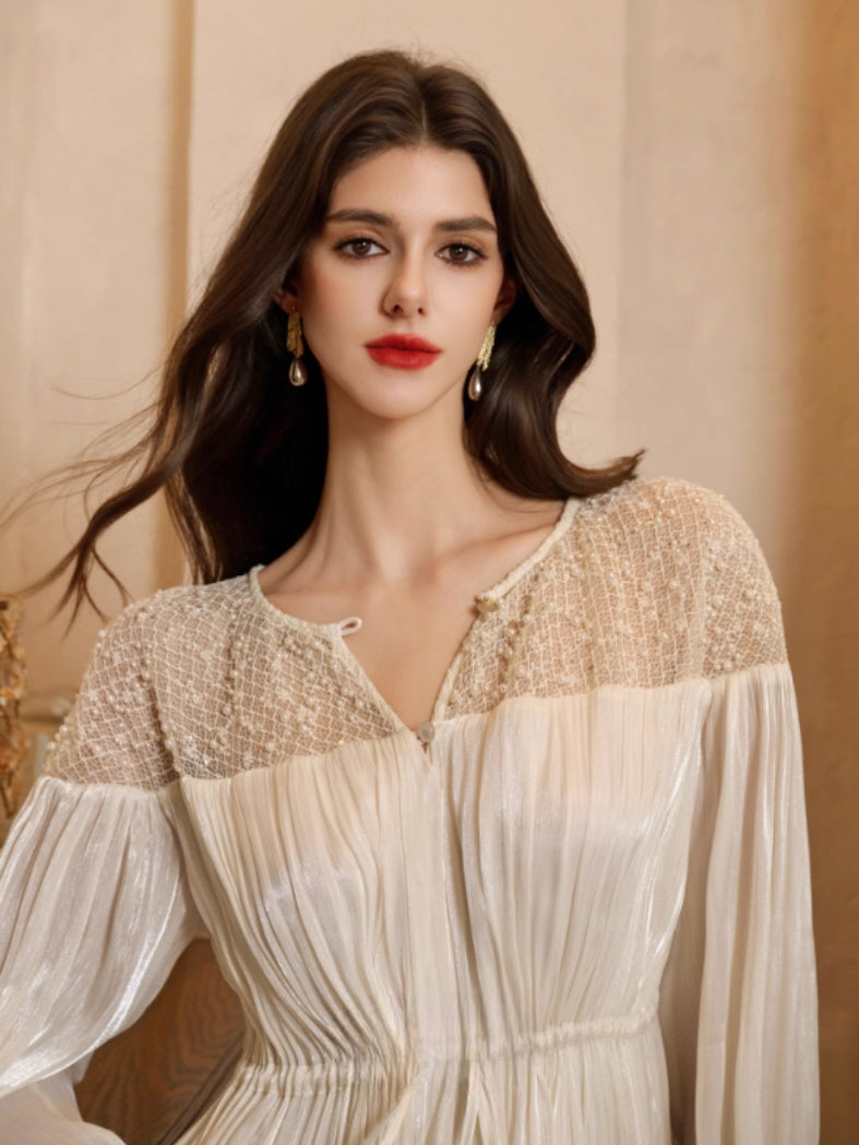 Romantic Lace Bodice Pleated Dress