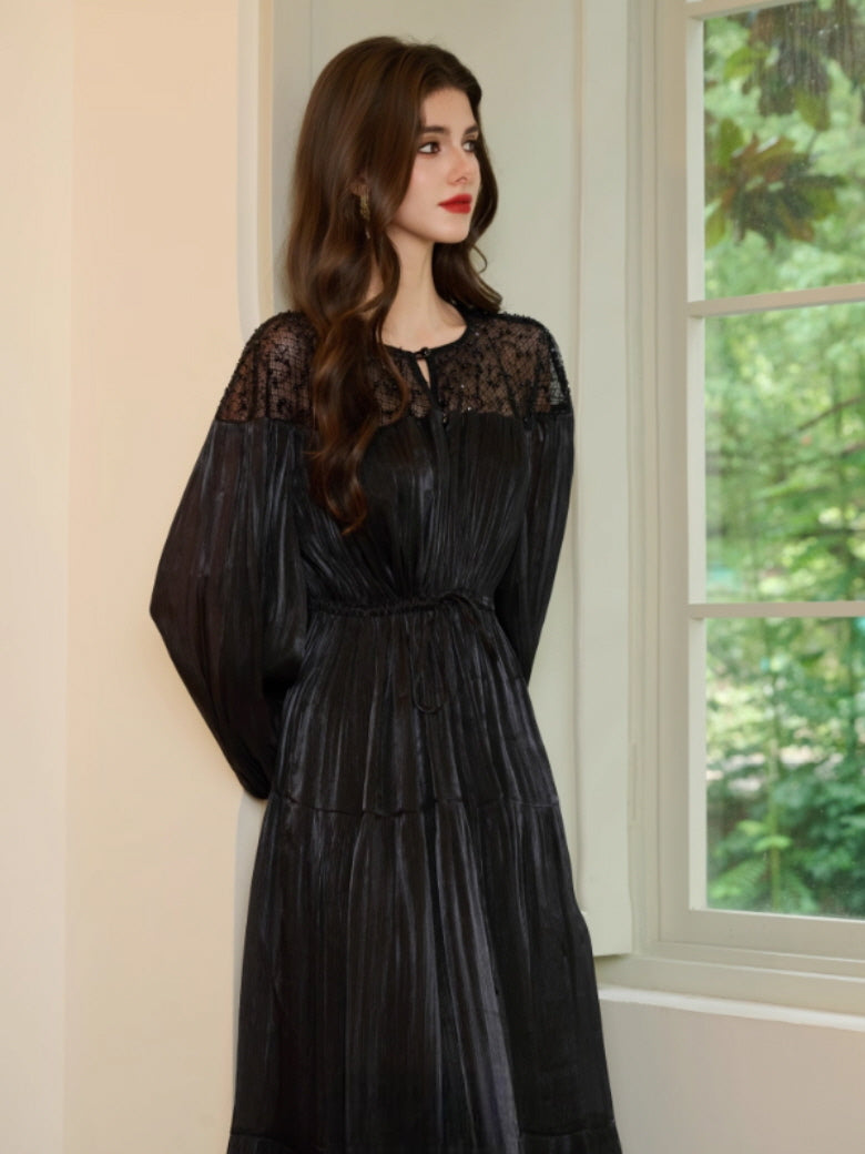 Romantic Lace Bodice Pleated Dress