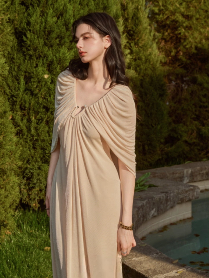 Pearl Button Cape Pleated Slim Dress