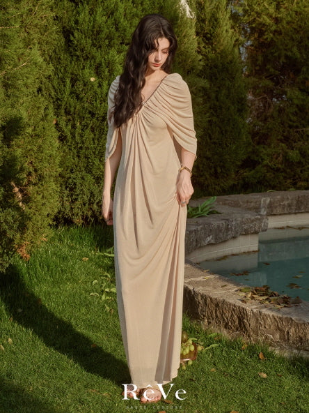 Pearl Button Cape Pleated Slim Dress
