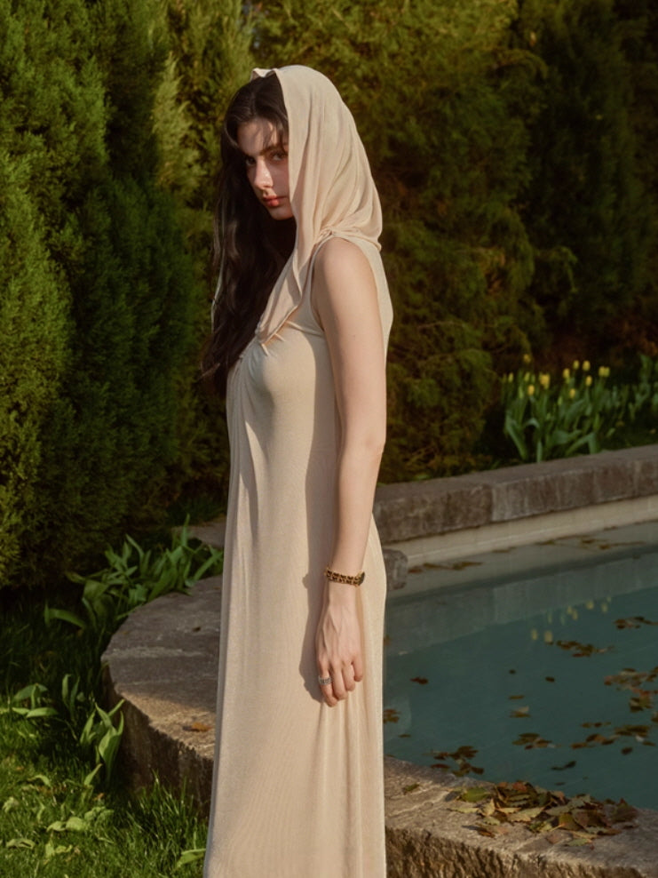 Pearl Button Cape Pleated Slim Dress