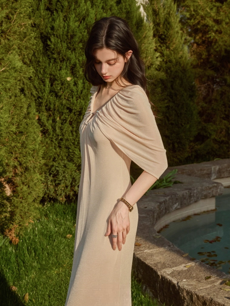 Pearl Button Cape Pleated Slim Dress