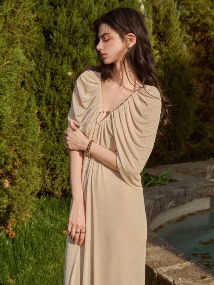 Pearl Button Cape Pleated Slim Dress