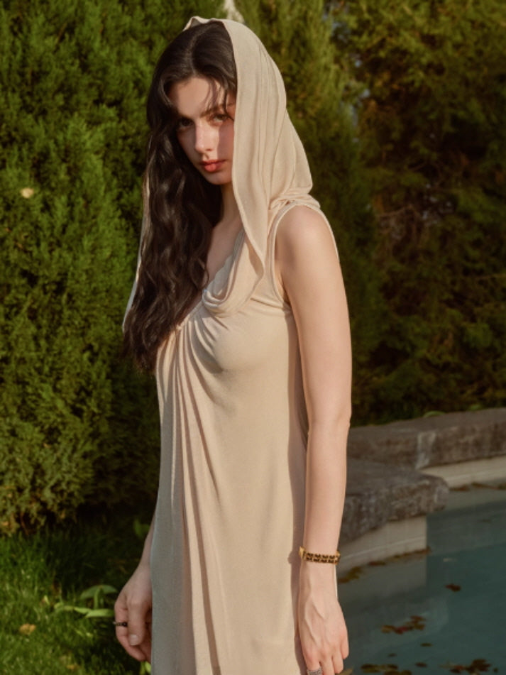 Pearl Button Cape Pleated Slim Dress