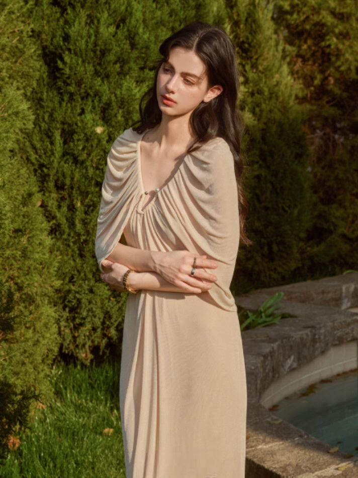Pearl Button Cape Pleated Slim Dress