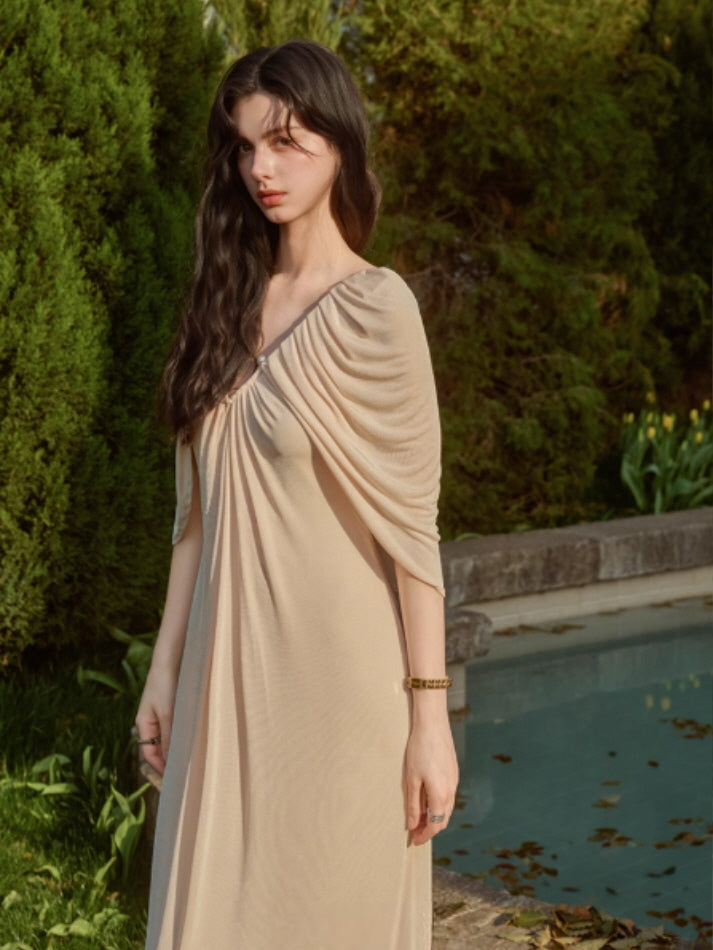 Pearl Button Cape Pleated Slim Dress
