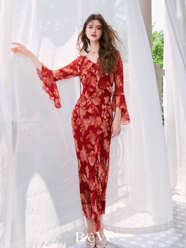 Scarlet Bloom Ruffle Chiffon Dress