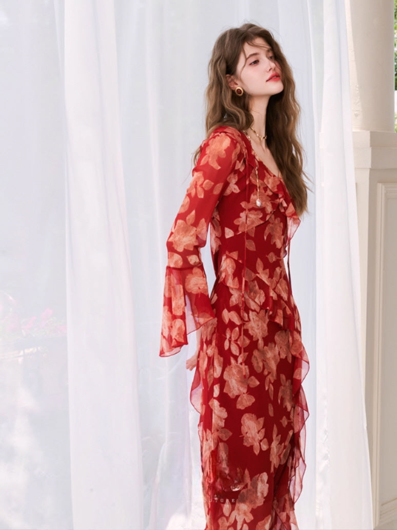 Scarlet Bloom Ruffle Chiffon Dress