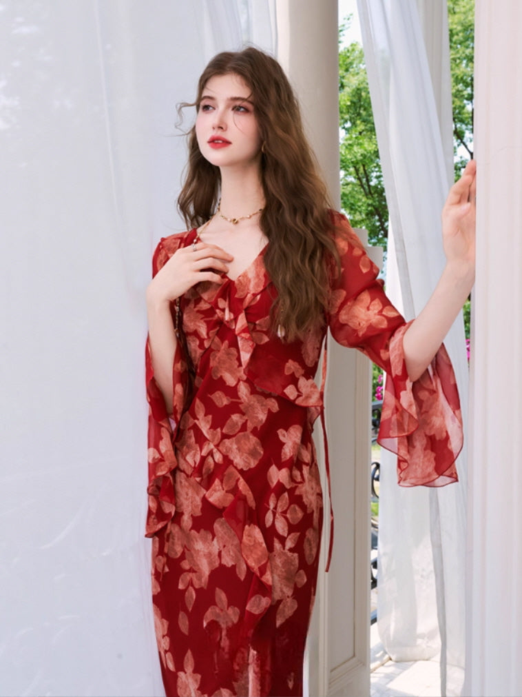 Scarlet Bloom Ruffle Chiffon Dress