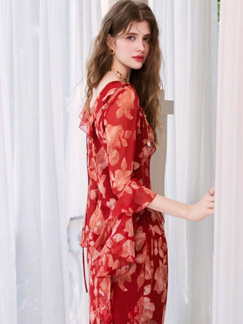 Scarlet Bloom Ruffle Chiffon Dress
