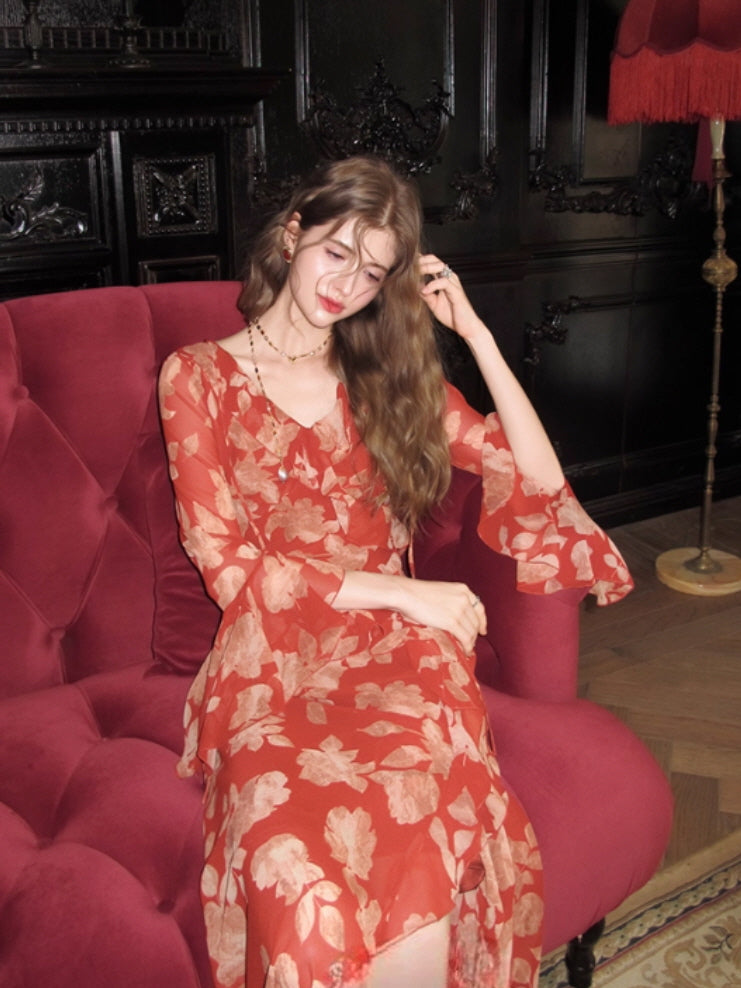 Scarlet Bloom Ruffle Chiffon Dress