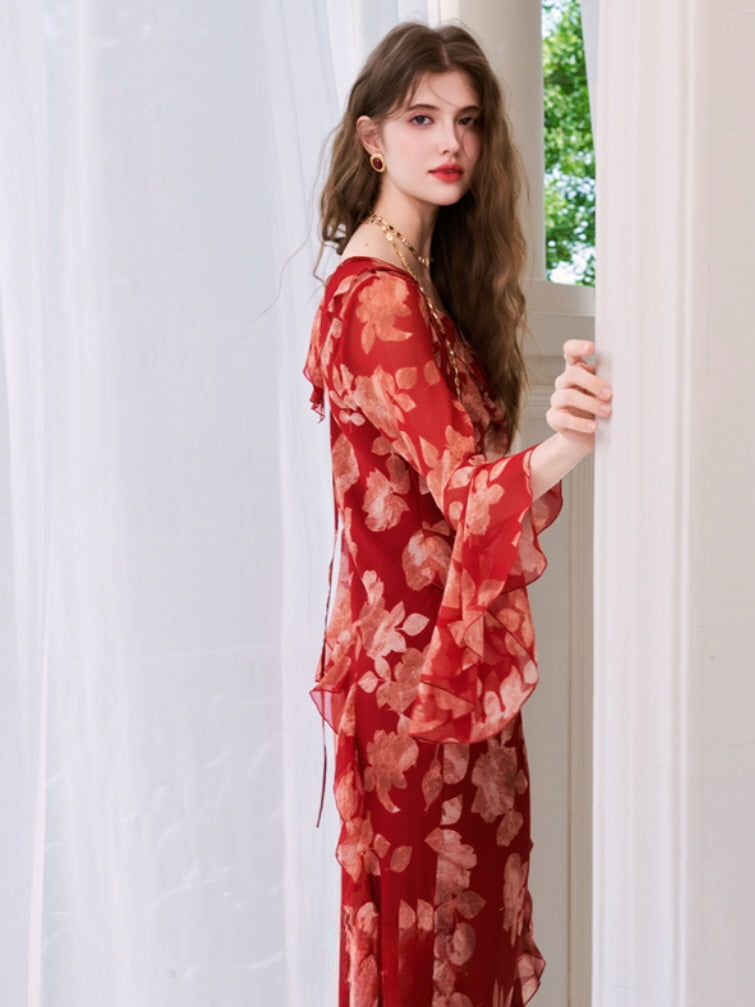 Scarlet Bloom Ruffle Chiffon Dress
