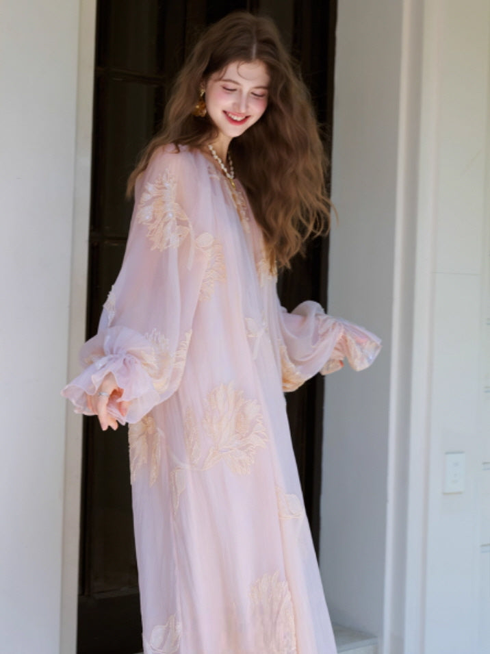 Blush Petal Embroidered Chiffon Dress