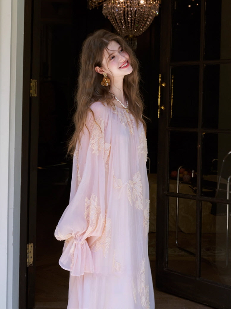 Blush Petal Embroidered Chiffon Dress
