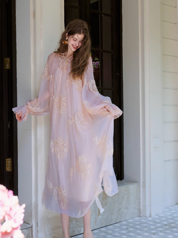 Blush Petal Embroidered Chiffon Dress