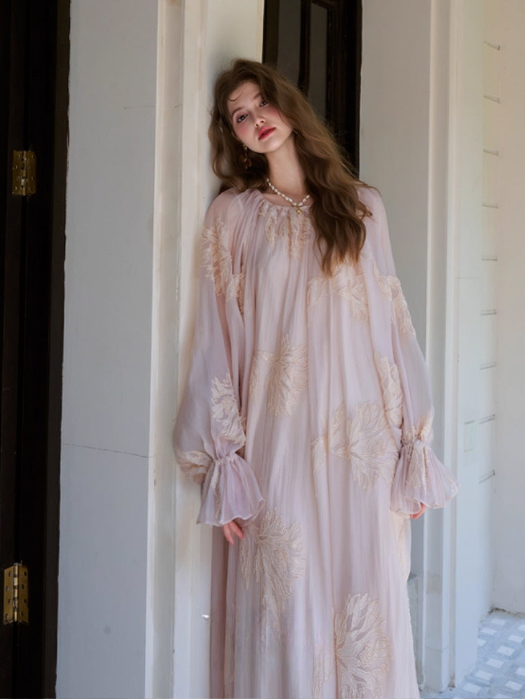 Blush Petal Embroidered Chiffon Dress