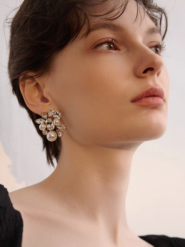 Crystal Pearl Cluster Vintage Earrings