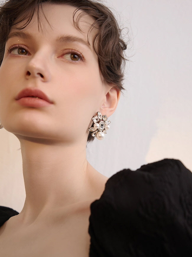 Crystal Pearl Cluster Vintage Earrings