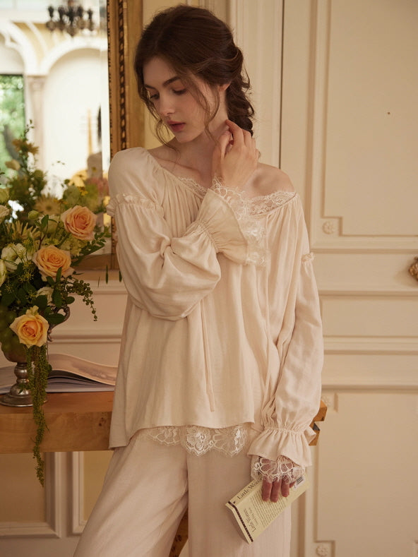 Vintage Lace Trim Romantic Loungewear Set