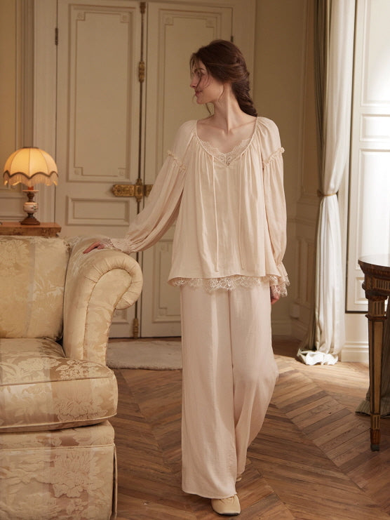 Vintage Lace Trim Romantic Loungewear Set
