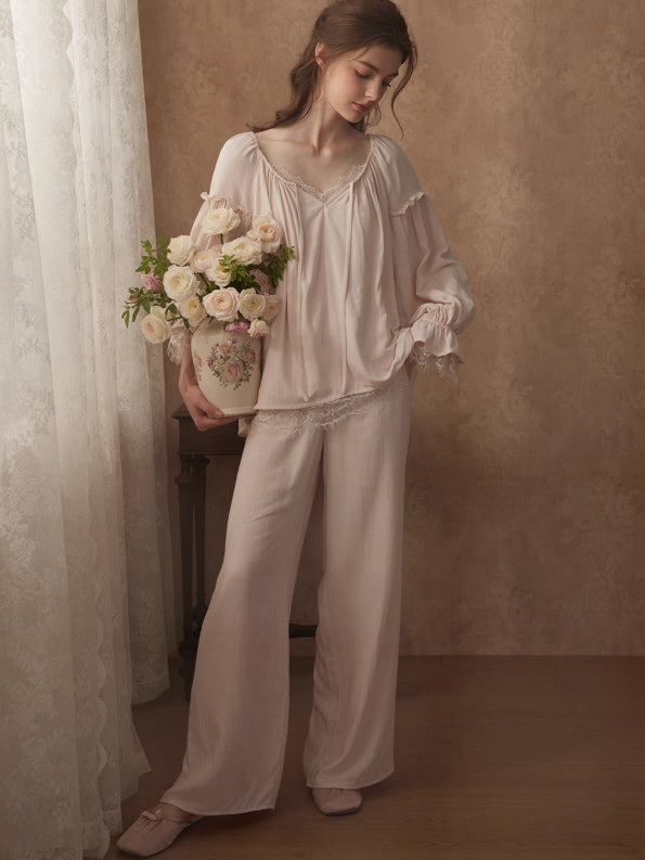 Vintage Lace Trim Romantic Loungewear Set