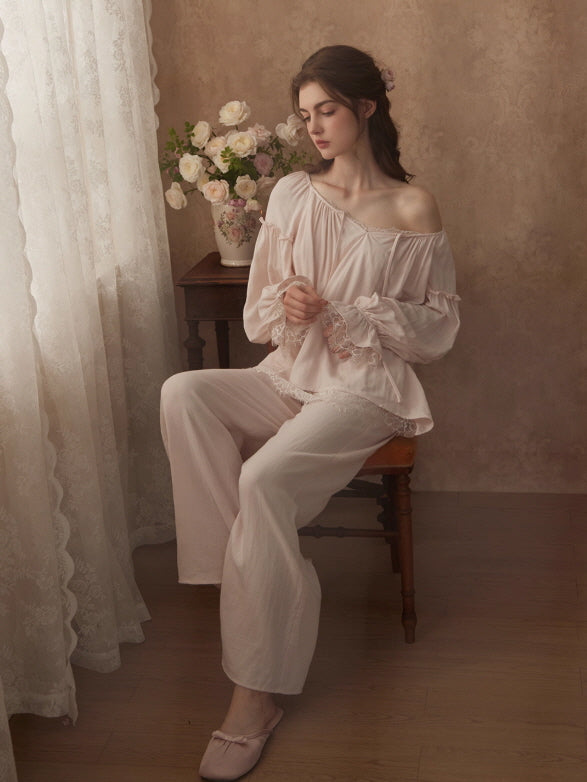 Vintage Lace Trim Romantic Loungewear Set