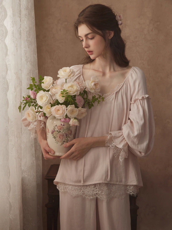 Vintage Lace Trim Romantic Loungewear Set