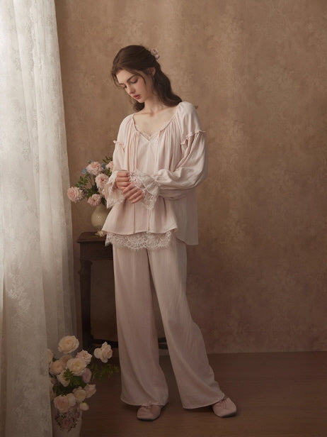 Vintage Lace Trim Romantic Loungewear Set