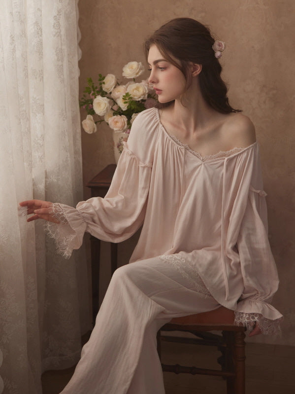 Vintage Lace Trim Romantic Loungewear Set