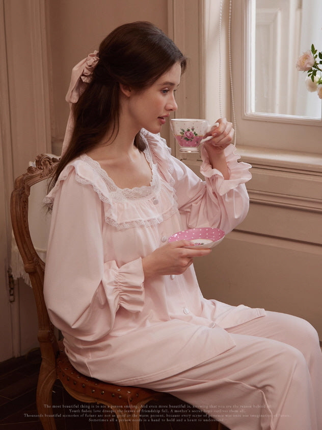 Blush Pink Lace Ruffle Pajama Set