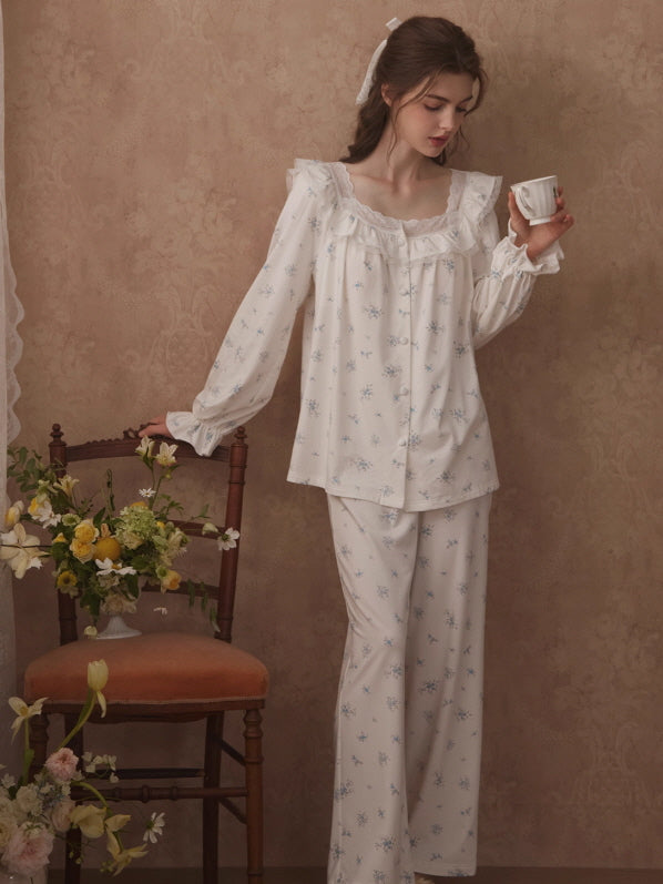 Blue Blossom Ruffle Cottagecore Pajama Set
