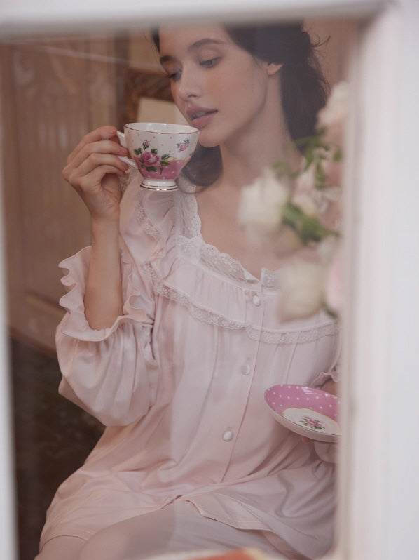 Blush Pink Lace Ruffle Pajama Set