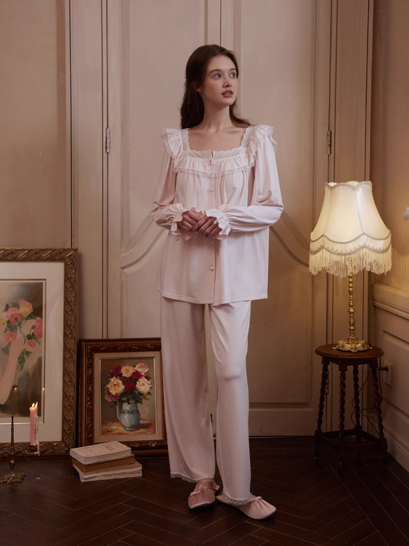 Blush Pink Lace Ruffle Pajama Set