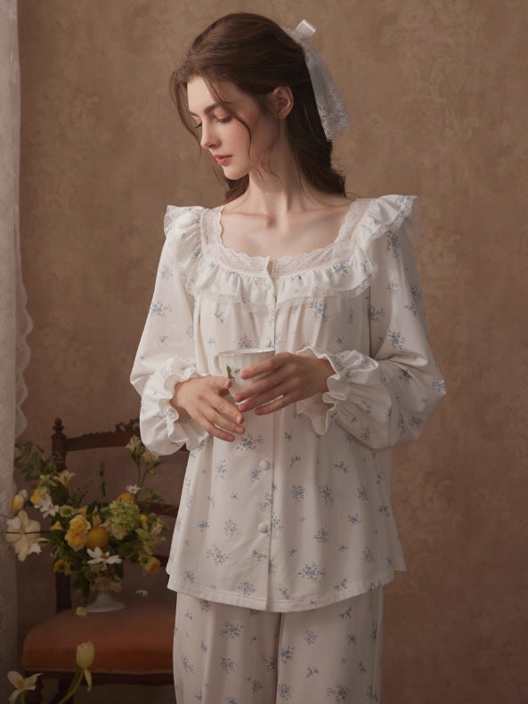 Blue Blossom Ruffle Cottagecore Pajama Set