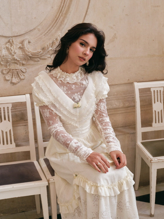 Vintage Cream Lace Ruffle Dress