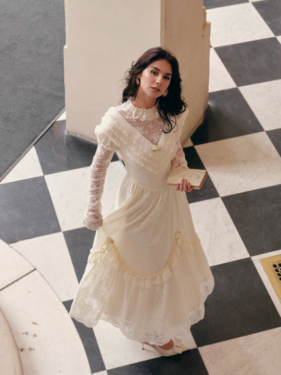 Vintage Cream Lace Ruffle Dress