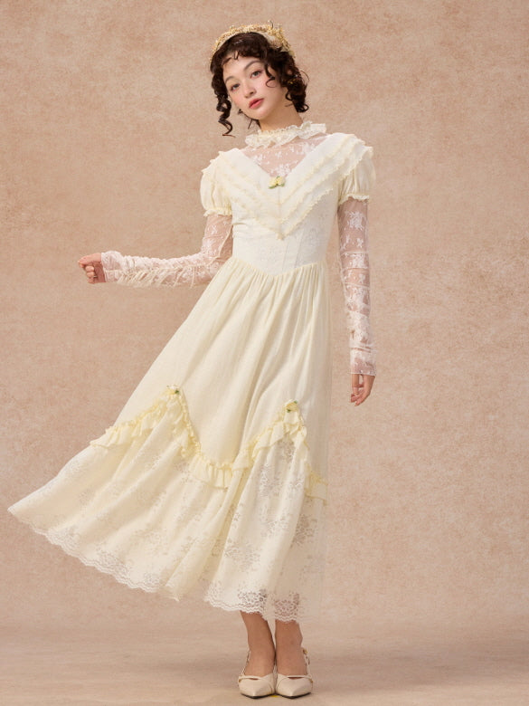Vintage Cream Lace Ruffle Dress