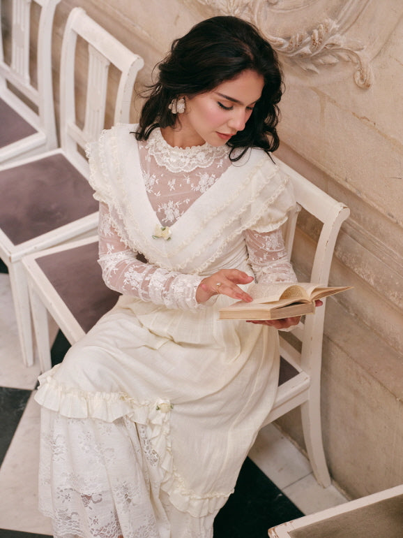 Vintage Cream Lace Ruffle Dress