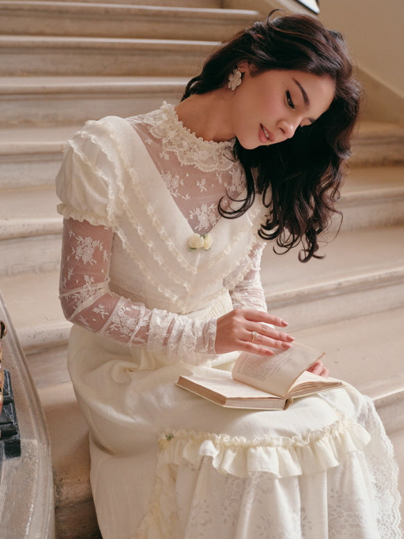 Vintage Cream Lace Ruffle Dress