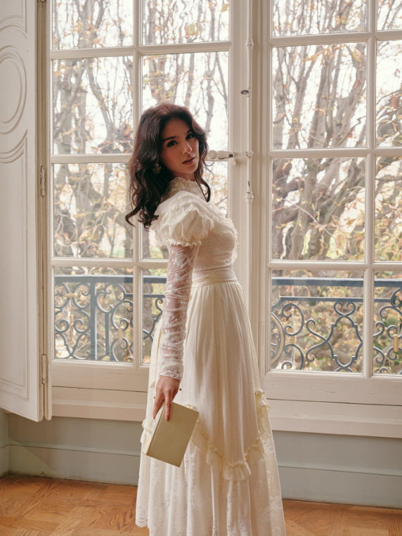 Vintage Cream Lace Ruffle Dress