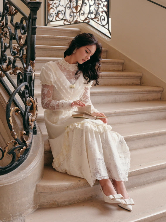 Vintage Cream Lace Ruffle Dress