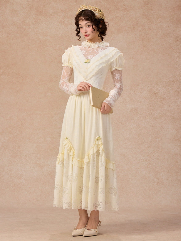 Vintage Cream Lace Ruffle Dress