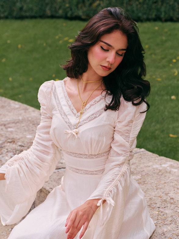 Romantic Ivory Long Sleeve Vintage Dress