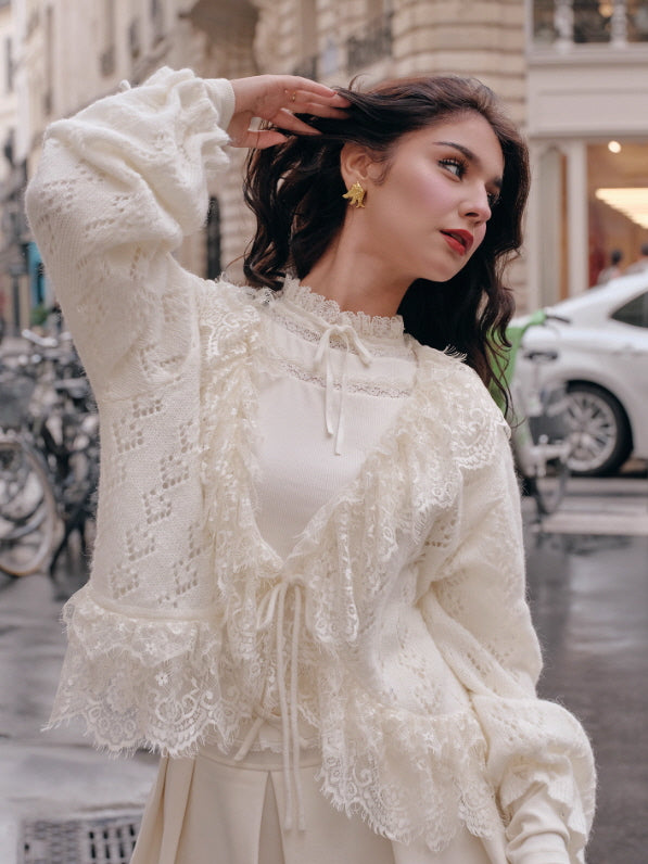 Romantic Ivory Lace Trim Cardigan