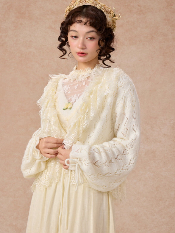 Romantic Ivory Lace Trim Cardigan