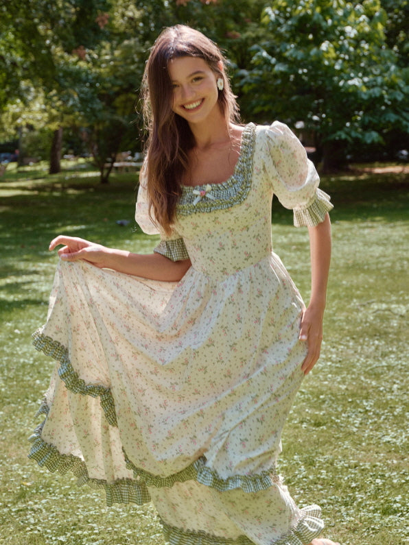 Green Gingham Trim Cottagecore Cotton Dress
