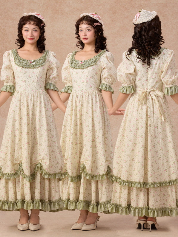 Green Gingham Trim Cottagecore Cotton Dress