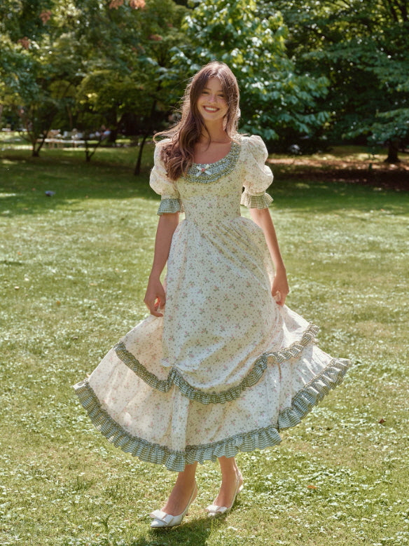 Green Gingham Trim Cottagecore Cotton Dress