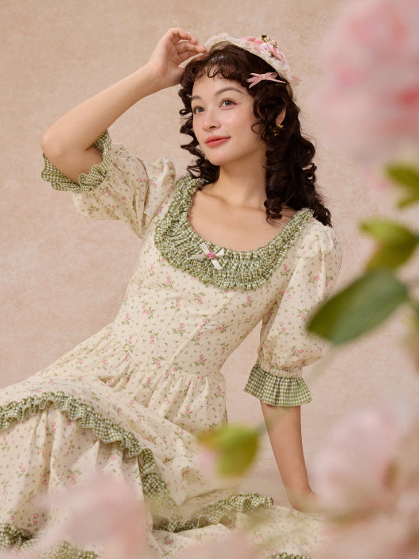 Green Gingham Trim Cottagecore Cotton Dress