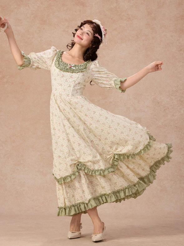 Green Gingham Trim Cottagecore Cotton Dress